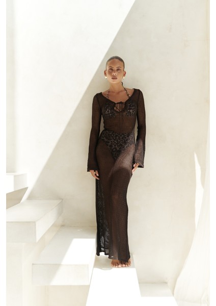 Wiras Bağcık Detay Kahve Triko Uzun Elbise