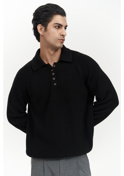 Vander Düğme Detay Siyah Erkek Triko Kazak
