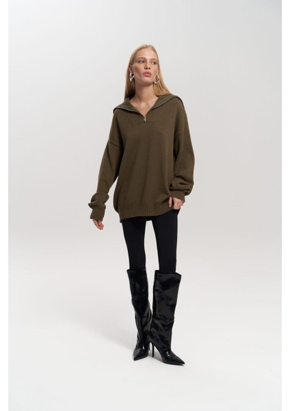 Lorna Fermuarlı Haki Triko Kazak modelleri