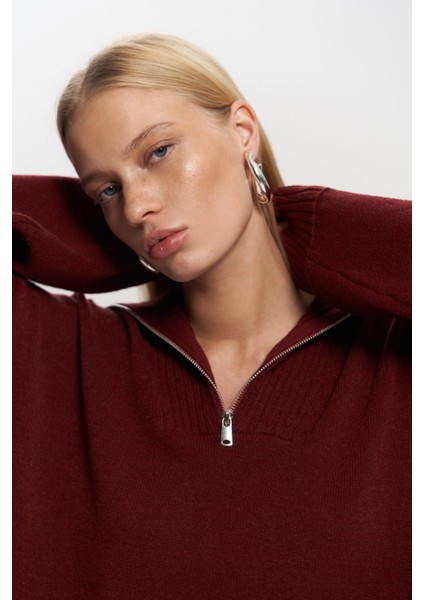 Lorna Fermuarlı Bordo Triko Kazak fiyatları