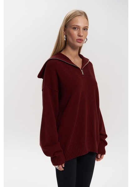 Lorna Fermuarlı Bordo Triko Kazak modelleri