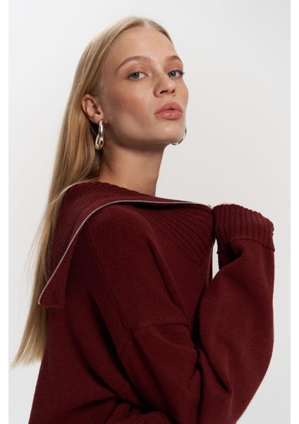 Lorna Fermuarlı Bordo Triko Kazak fırsatları