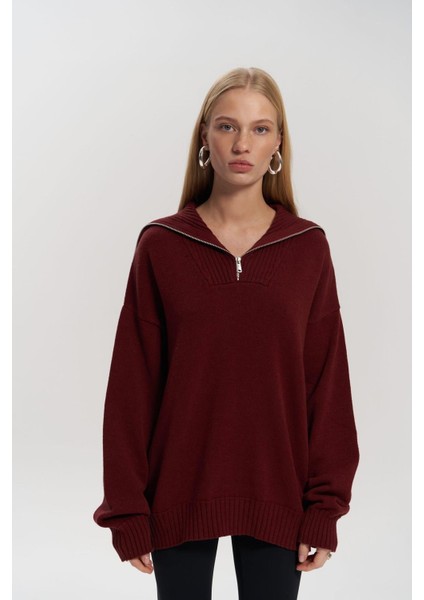 Lorna Fermuarlı Bordo Triko Kazak indirimleri