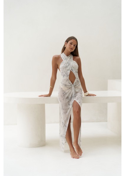 Enonireh Dekolteli Bej Uzun Elbise