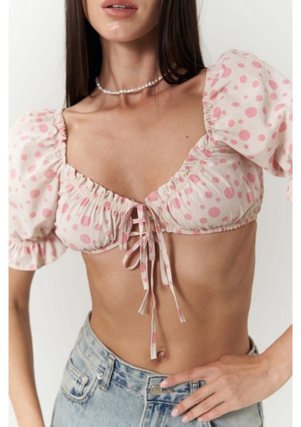 Lisa Pembe Puantiyeli Crop indirimleri