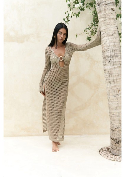 Seyşeller Ahşap Halka Detay Vizon Triko Elbise