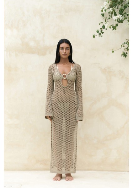 Seyşeller Ahşap Halka Detay Vizon Triko Elbise fiyatları