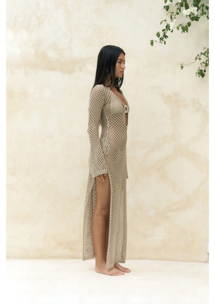 Seyşeller Ahşap Halka Detay Vizon Triko Elbise modelleri