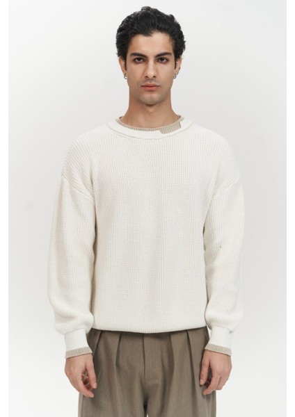 Carter Çift Yaka Detaylı Ekru Erkek Triko Kazak