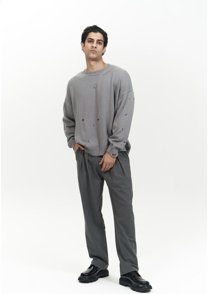 Alec Fitilli Yırtık Detay Füme Erkek Triko Kazak