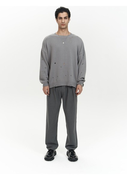 Alec Fitilli Yırtık Detay Füme Erkek Triko Kazak fiyatları