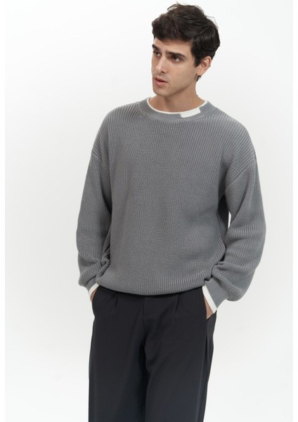 Carter Çift Yaka Detaylı Gri Erkek Triko Kazak