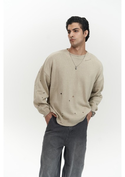 Alec Fitilli Yırtık Detay Bej Erkek Triko Kazak