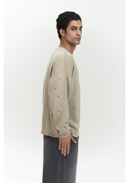 Alec Fitilli Yırtık Detay Bej Erkek Triko Kazak fırsatları