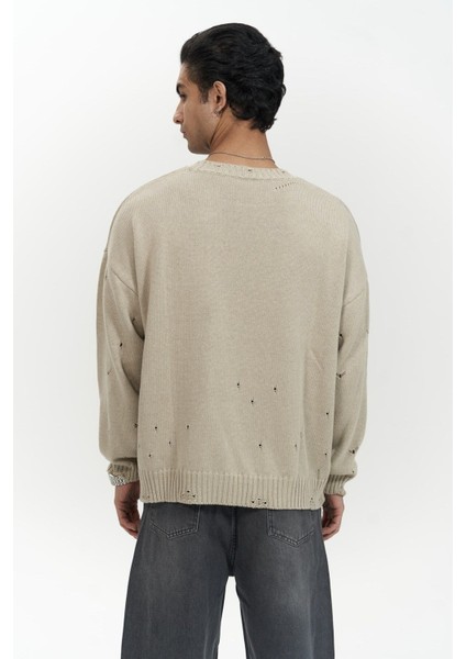 Alec Fitilli Yırtık Detay Bej Erkek Triko Kazak indirimleri