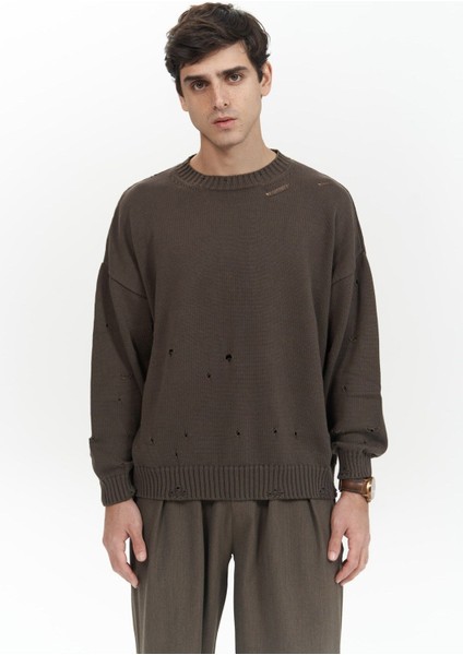 Alec Fitilli Yırtık Detay Kahve Erkek Triko Kazak fiyatları