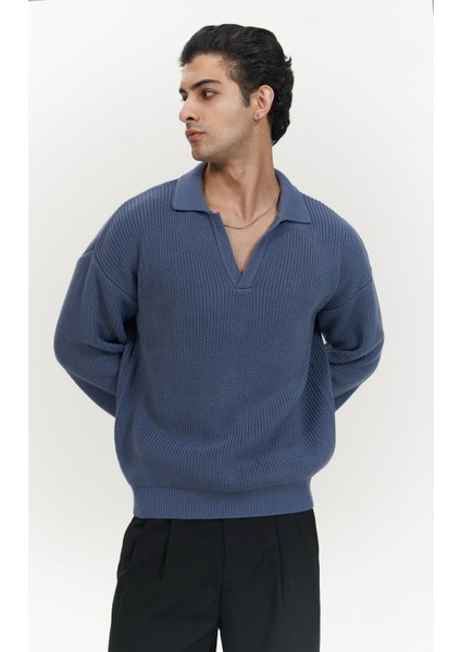 Magnus Polo Yaka Indigo Erkek Triko Kazak