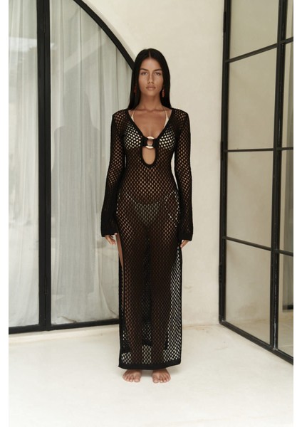 Seyşeller Ahşap Halka Detay Siyah Triko Elbise fiyatları