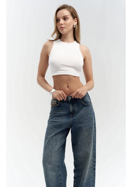 Fleur Fitilli Halter Yaka Beyaz Crop