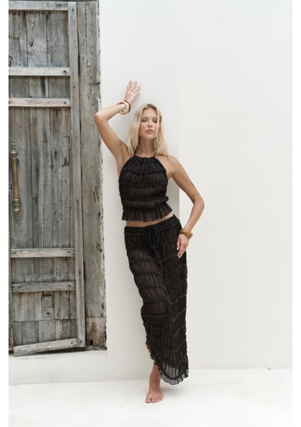 Sofi Transparan Kahve Crop Etek Takım