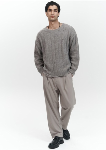 Vincent Yırtık Detay Boz Kahve Erkek Triko Kazak
