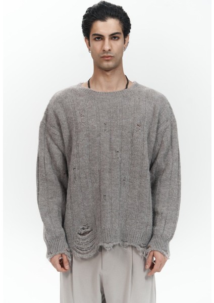 Vincent Yırtık Detay Boz Kahve Erkek Triko Kazak fiyatları