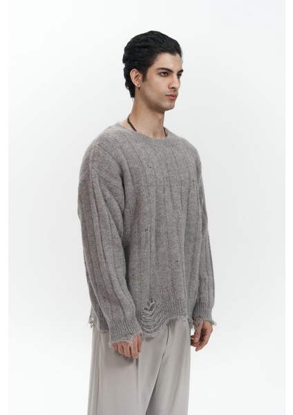 Vincent Yırtık Detay Boz Kahve Erkek Triko Kazak modelleri