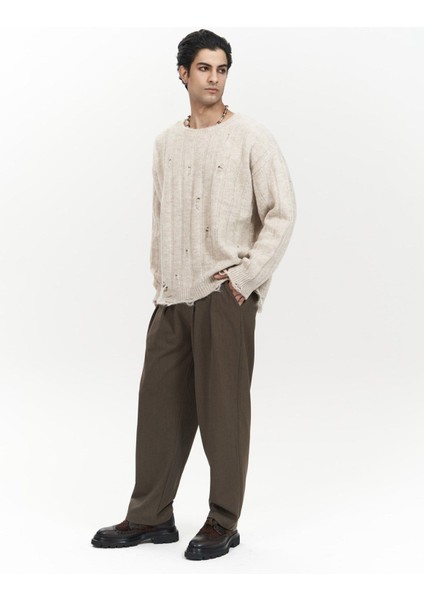 Vincent Yırtık Detay Bej Erkek Triko Kazak
