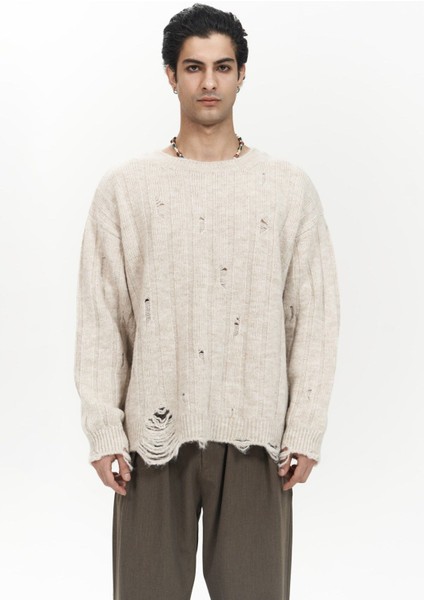 Vincent Yırtık Detay Bej Erkek Triko Kazak fiyatları