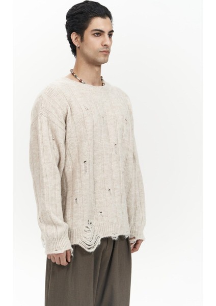 Vincent Yırtık Detay Bej Erkek Triko Kazak modelleri