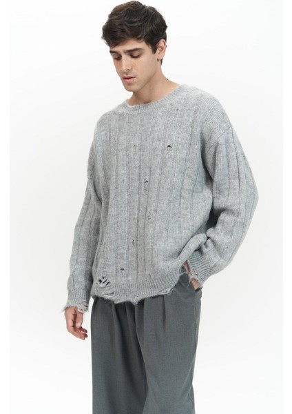 Vincent Yırtık Detay Gri Erkek Triko Kazak