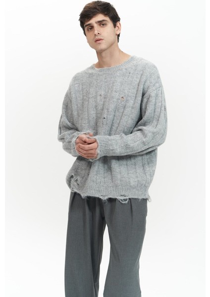 Vincent Yırtık Detay Gri Erkek Triko Kazak modelleri