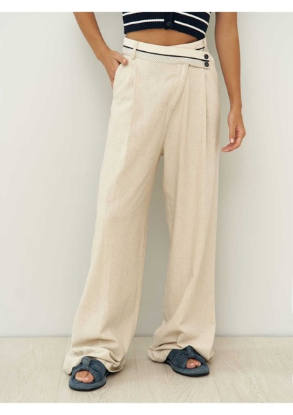Venice Ters Kemer Detay Naturel Keten Pantolon modelleri