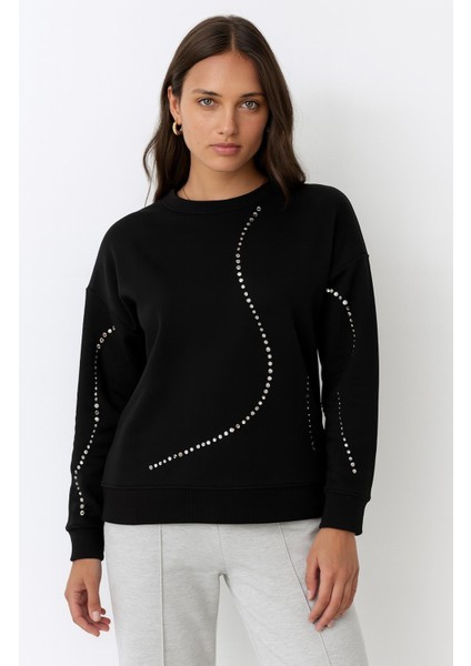 Bisiklet Yaka Troklu Sweatshirt Siyah