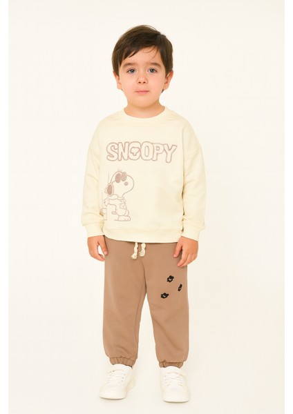 Erkek Çocuk %100 Pamuk Snoopy Nakışlı Paça Lastikli Trend Takım - 2148