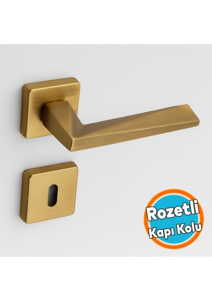 Oda Kapı Kolu Kare Rozetli Antik Sarı Sürgülü ve Çelik Kapı Kulpu Uyumlu Sağ Sol Uygun Kolları