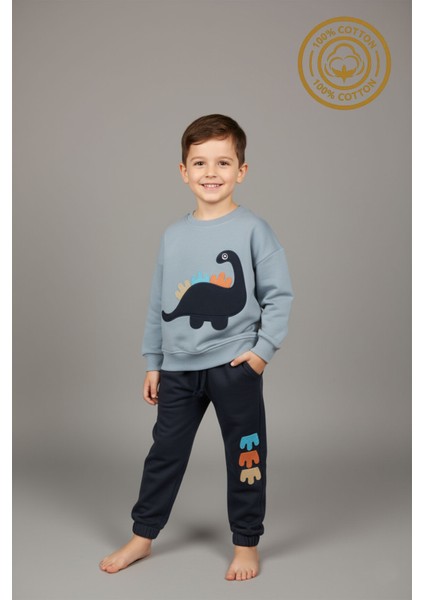 Erkek Çocuk %100 Pamuk Dinozor Nakışlı Paça Lastikli Cepli Trend Takım - 2145