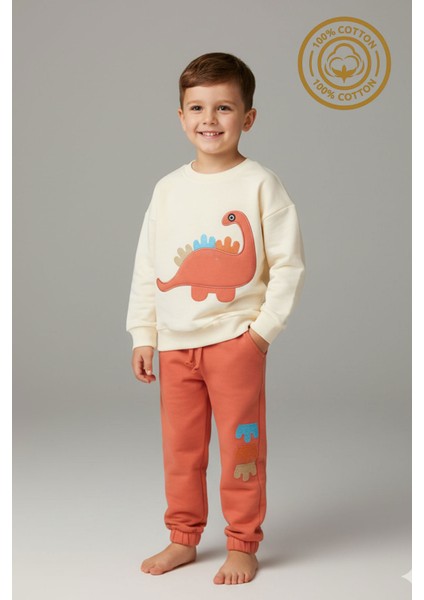 Erkek Çocuk %100 Pamuk Dinozor Nakışlı Paça Lastikli Cepli Trend Takım - 2145