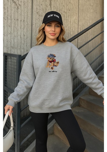 Oversize Bisiklet Yaka Nakışlı Sweatshirt Gri Melanj