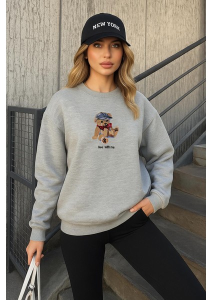 Oversize Bisiklet Yaka Nakışlı Sweatshirt Gri Melanj fiyatları