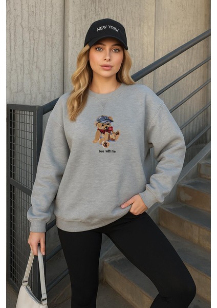 Oversize Bisiklet Yaka Nakışlı Sweatshirt Gri Melanj modelleri