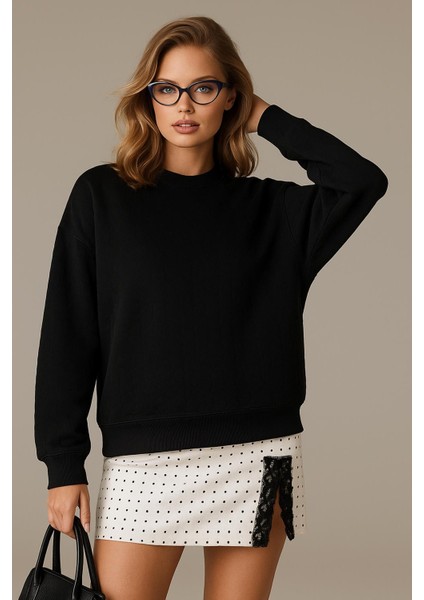 Oversize Bisiklet Yaka Sweatshirt Siyah