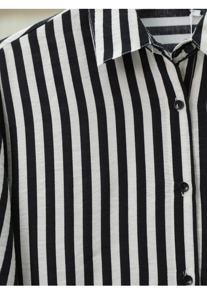 Çizgili Oversize Düğmeli Gömlek -Siyah modelleri