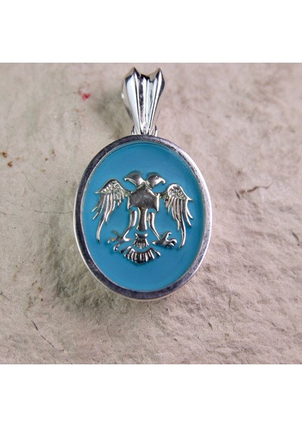 Açık Mavi Mineli Çift Başlı Kartal Selçuklu 925 Ayar Gümüş Madalyon Kolye Ucu