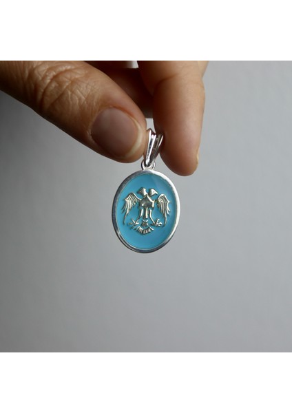 Açık Mavi Mineli Çift Başlı Kartal Selçuklu 925 Ayar Gümüş Madalyon Kolye Ucu modelleri