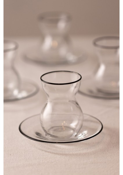 Pure Siyah Rimli 12 Parça Çay Bardak Takımı - Şeffaf / Siyah