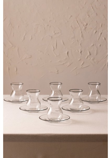 Pure Siyah Rimli 12 Parça Çay Bardak Takımı - Şeffaf / Siyah