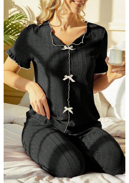 Siyah Kısa Kollu Pamuklu Pijama Takımı 7337