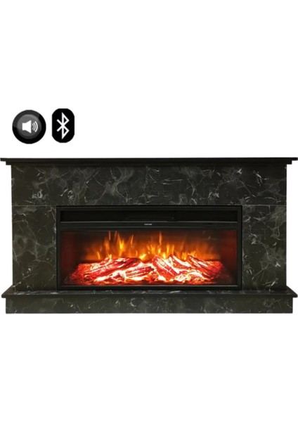 1175MS Siyah Mermer Desen 1800 Watt Bluetooth ve Ses Efektli Dekoratif Elektrikli Şömine