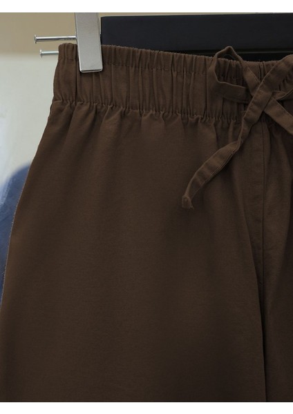 Bağcık Detaylı Bol Paça Beli Lastikli Keten Pantolon -Kahve fiyatları